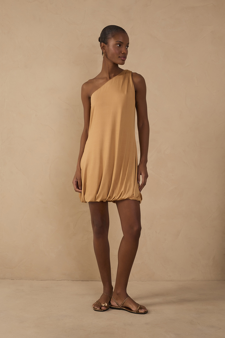 Beige One-Shoulder Balloon Mini Dress