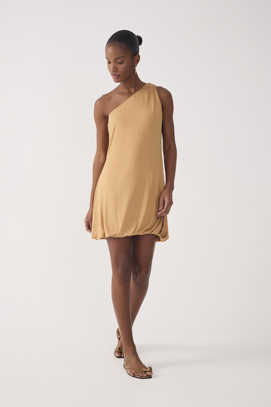 Beige One-Shoulder Balloon Mini Dress