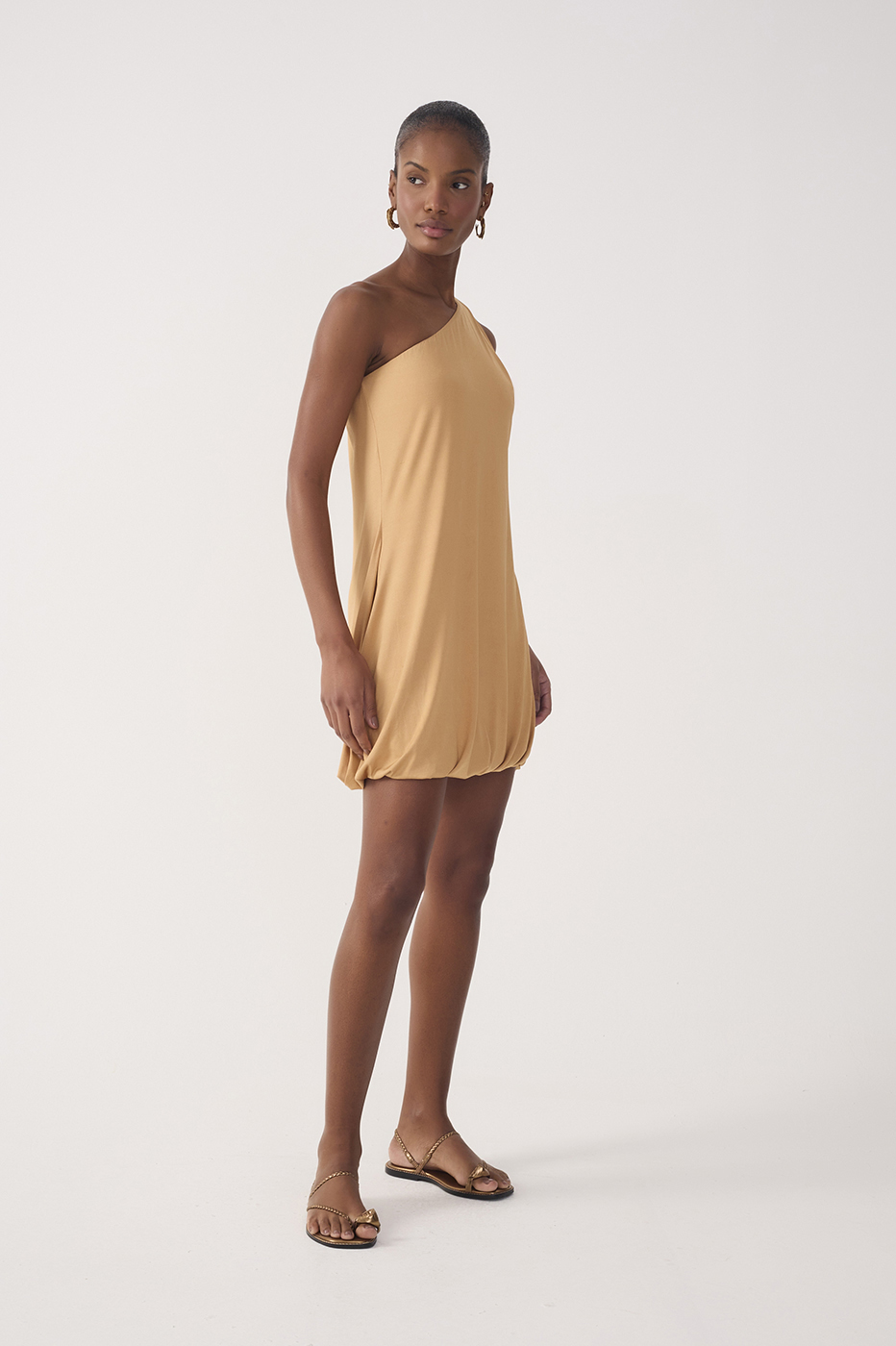 Beige One-Shoulder Balloon Mini Dress