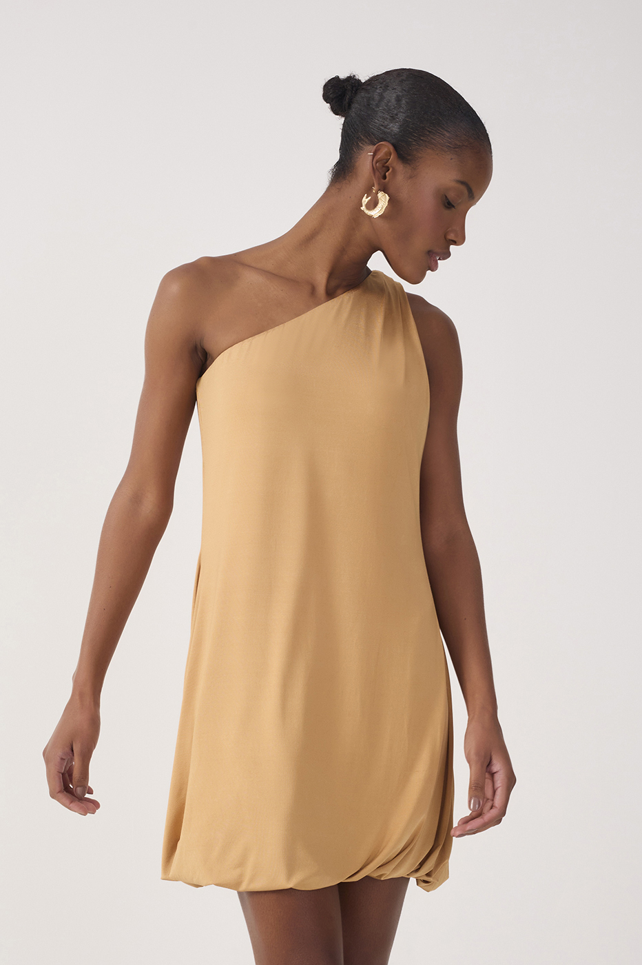 Beige One-Shoulder Balloon Mini Dress
