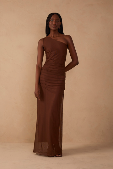 Brown One Shoulder Ruched Tulle Maxi Dress