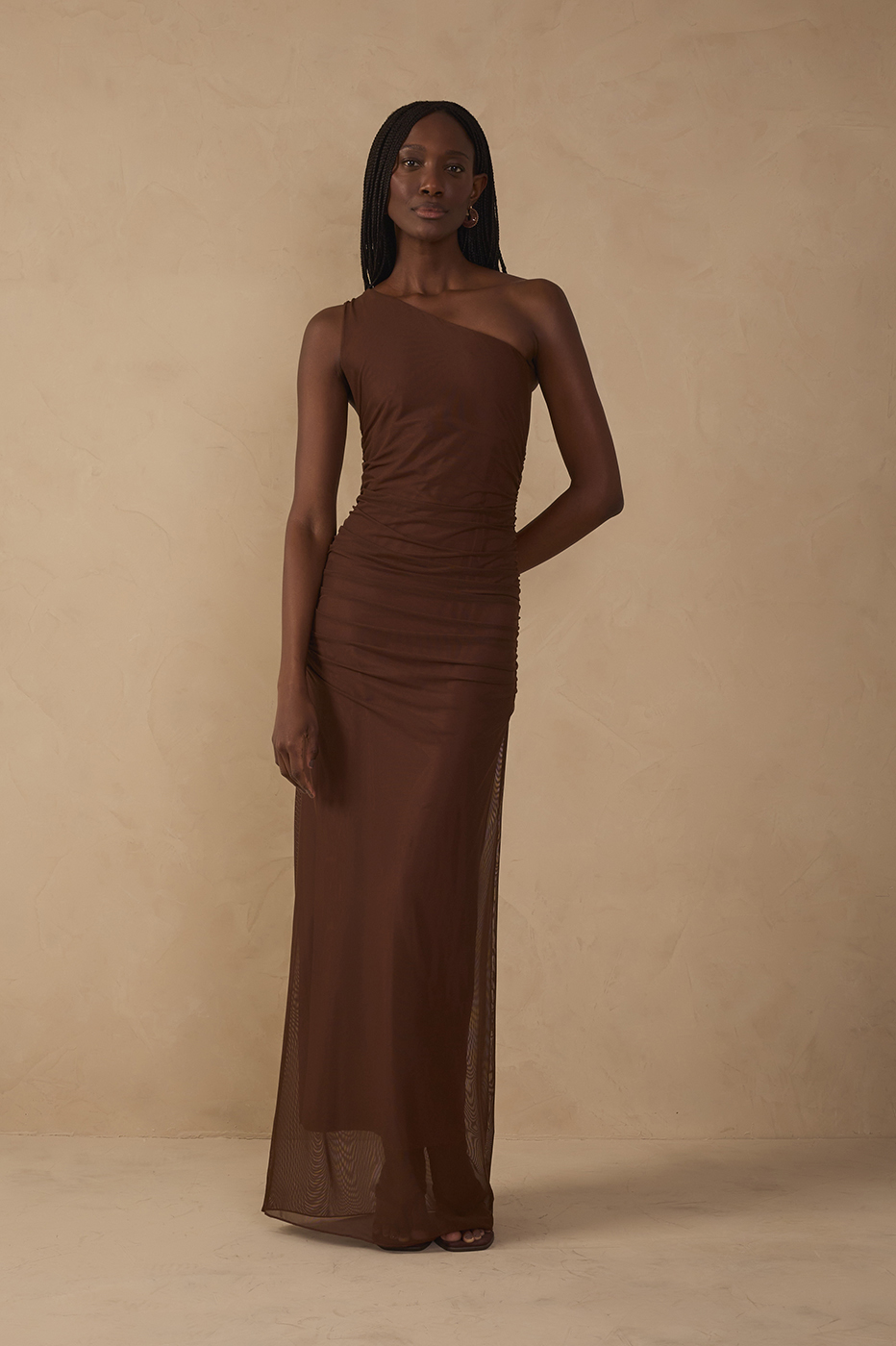 Brown One Shoulder Ruched Tulle Maxi Dress