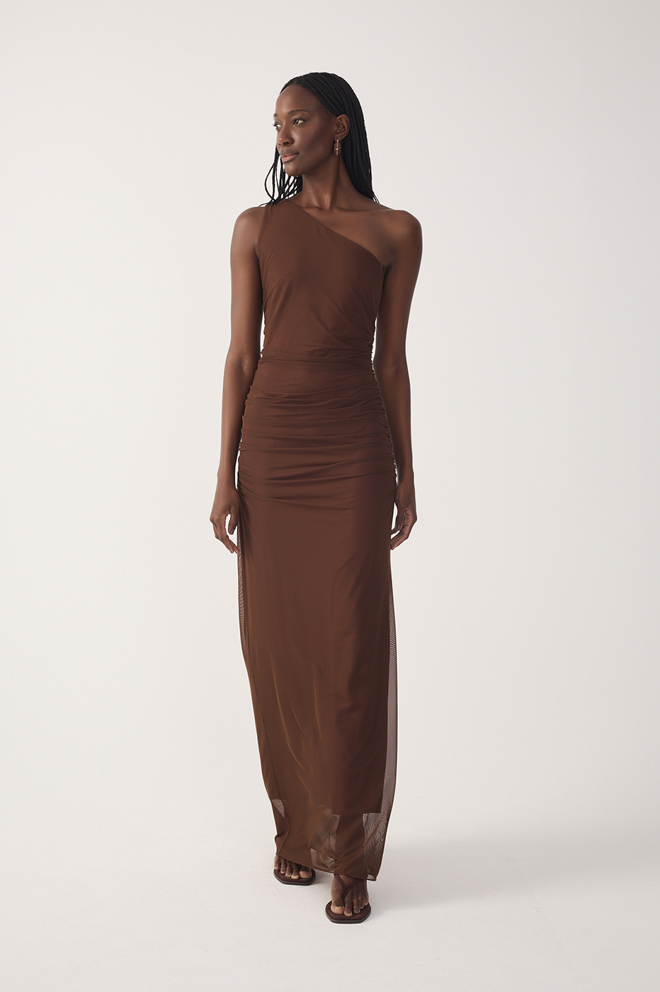 Brown One Shoulder Ruched Tulle Maxi Dress
