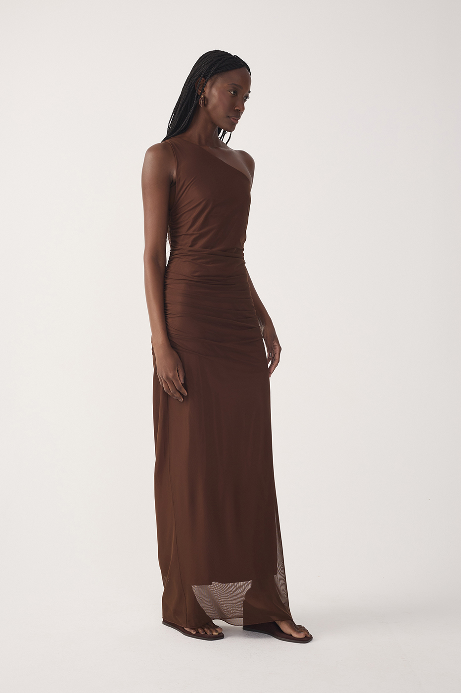 Brown One Shoulder Ruched Tulle Maxi Dress