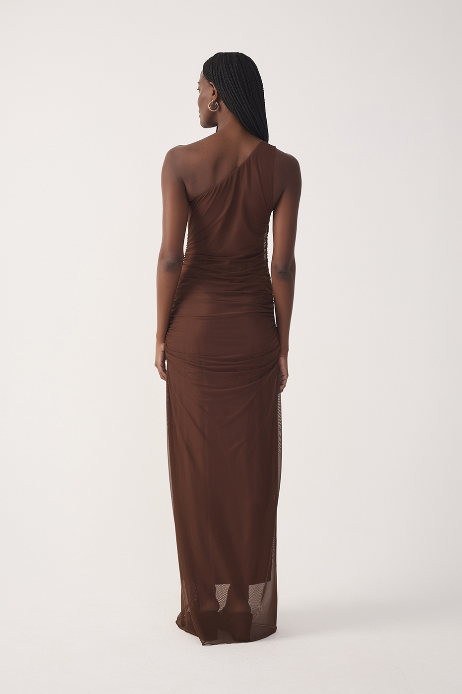 Brown One Shoulder Ruched Tulle Maxi Dress