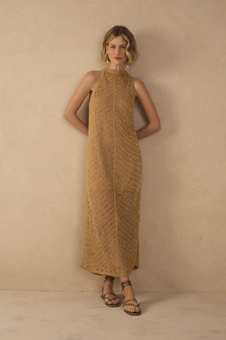 Golden High Collar Lurex Knit Midi Dress