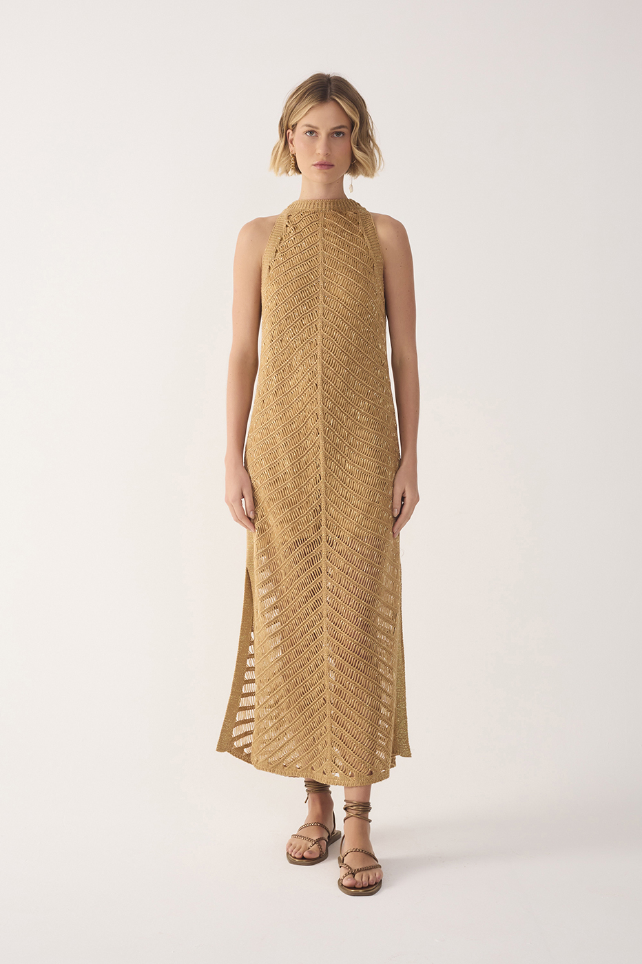 Golden High Collar Lurex Knit Midi Dress