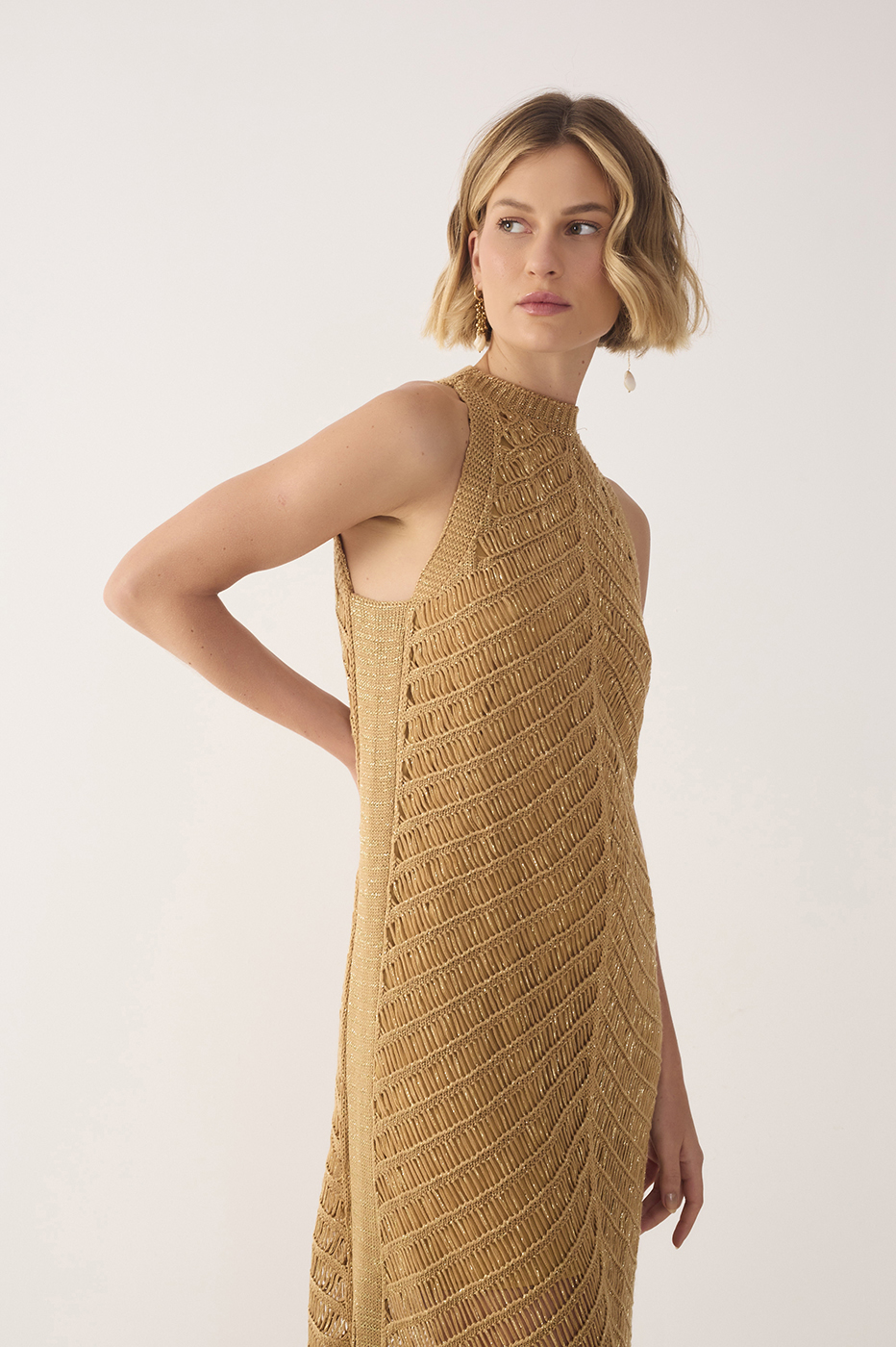 Golden High Collar Lurex Knit Midi Dress