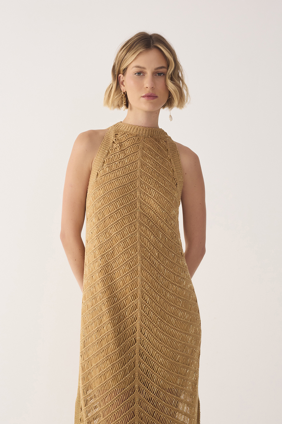 Golden High Collar Lurex Knit Midi Dress