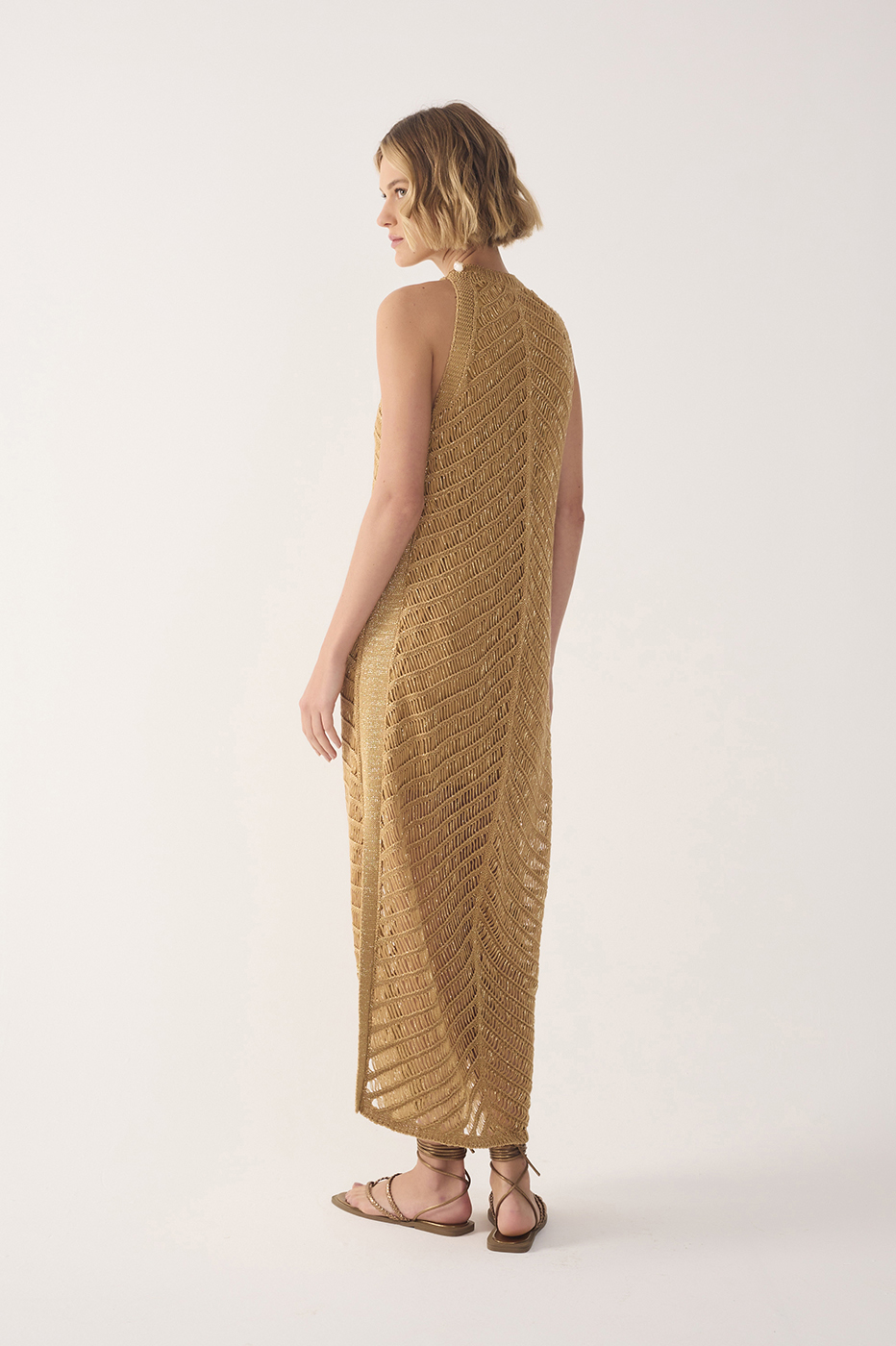Golden High Collar Lurex Knit Midi Dress