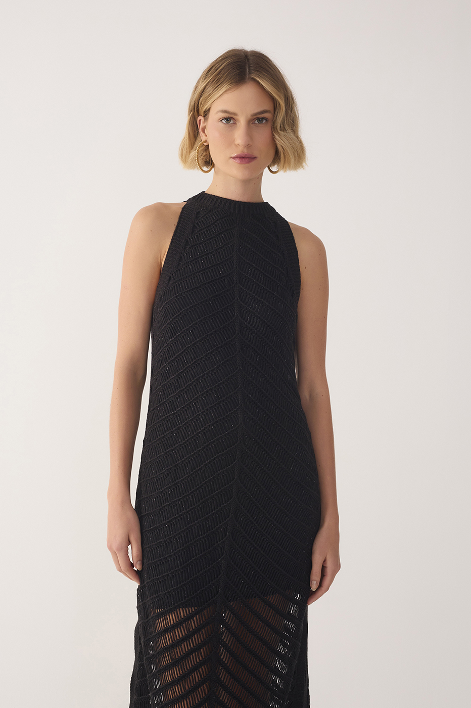 Black High Collar Lurex Knit Midi Dress