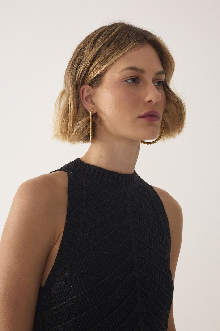 Black High Collar Lurex Knit Midi Dress