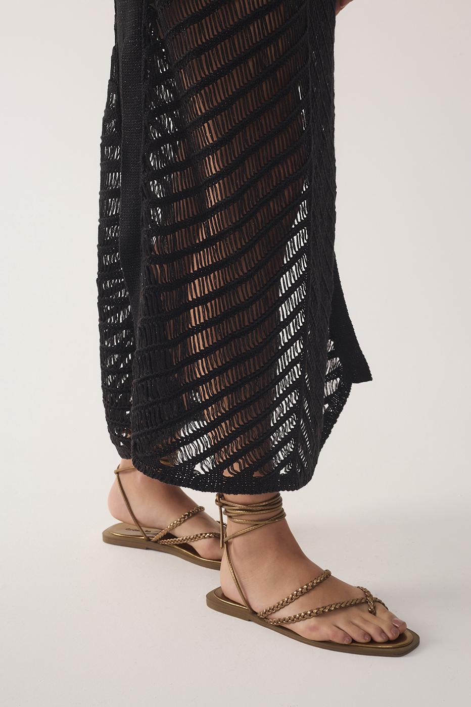 Black High Collar Lurex Knit Midi Dress