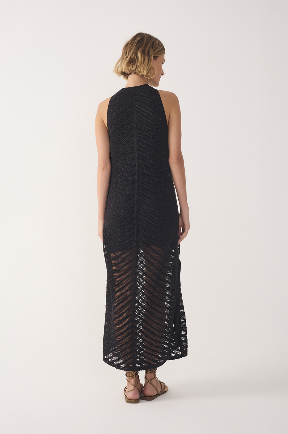 Black High Collar Lurex Knit Midi Dress