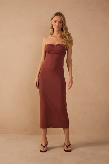 Brown Strapless Back Ties Crepe Maxi Dress