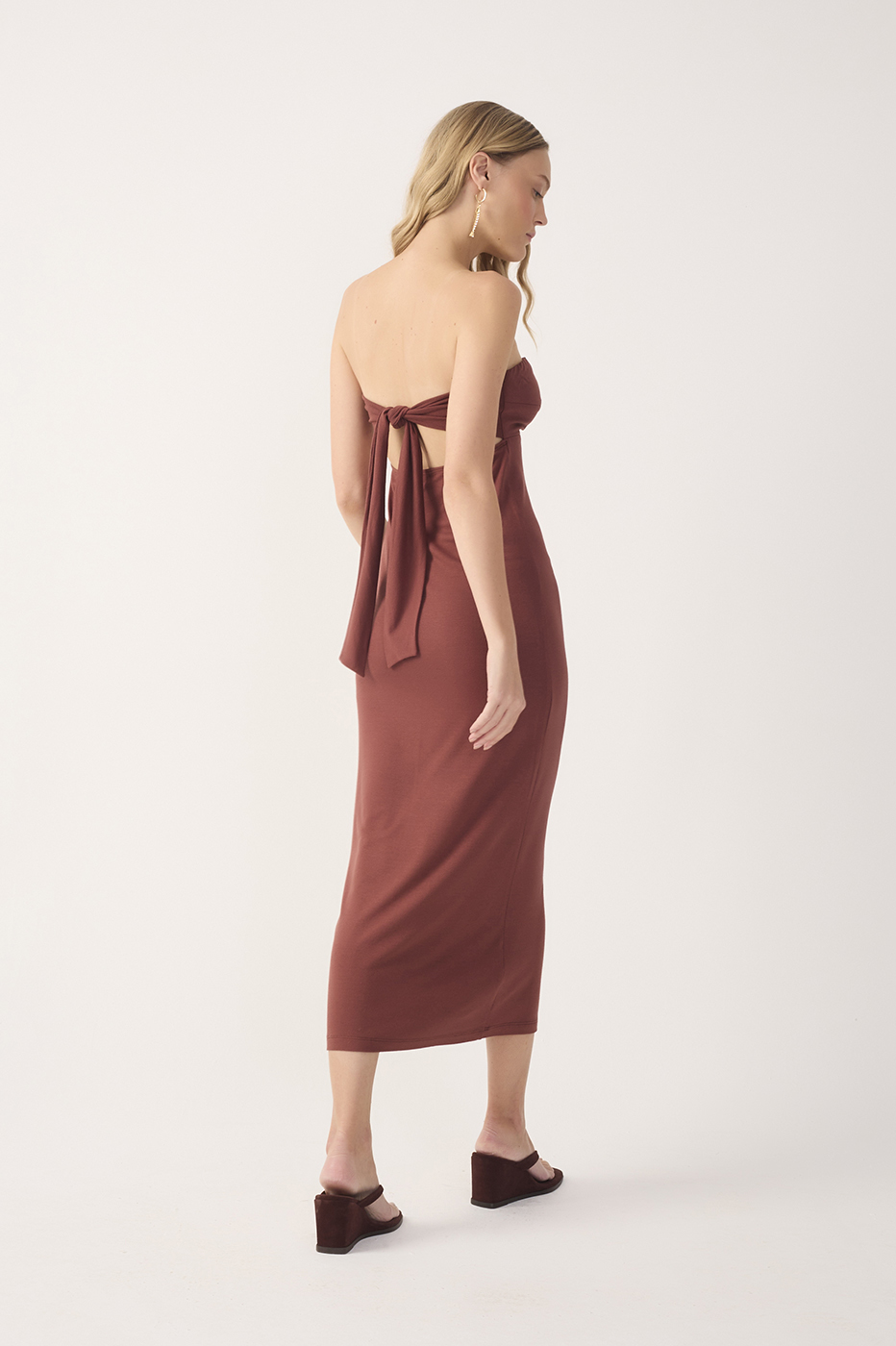 Brown Strapless Back Ties Crepe Maxi Dress
