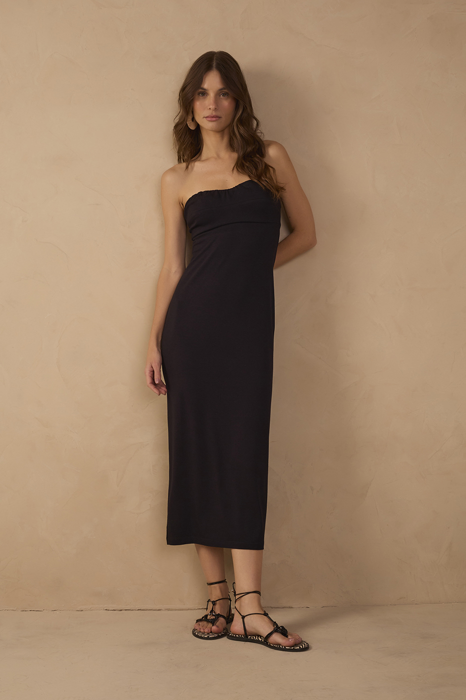 Black Strapless Back Ties Crepe Maxi Dress