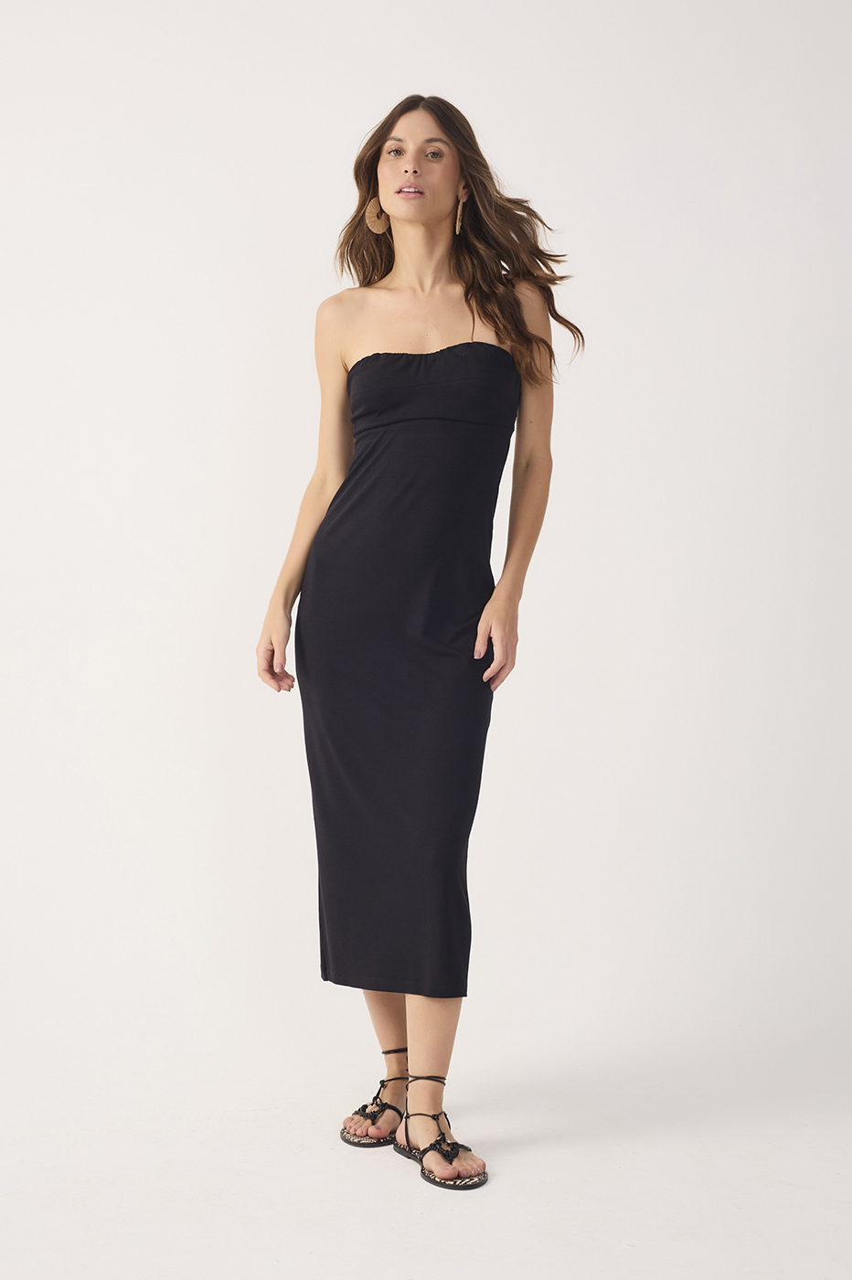 Black Strapless Back Ties Crepe Maxi Dress
