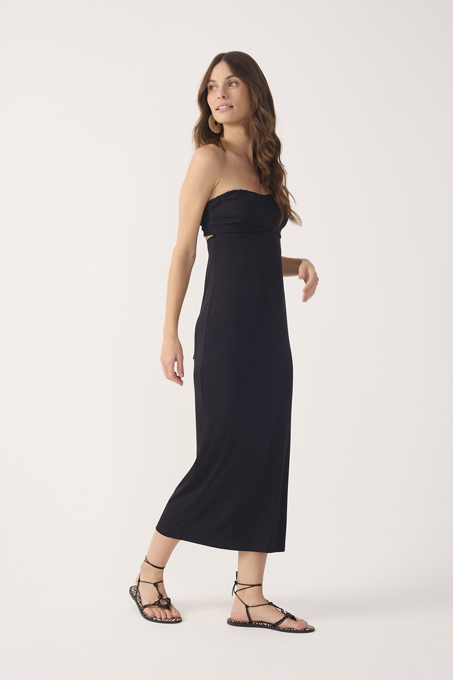 Black Strapless Back Ties Crepe Maxi Dress
