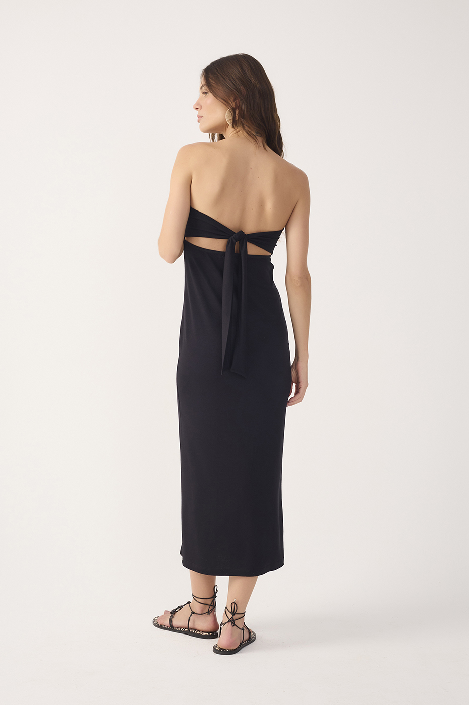 Black Strapless Back Ties Crepe Maxi Dress