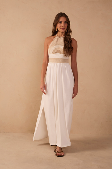 Off-White Crochet Side Slit Cotton Maxi Dress