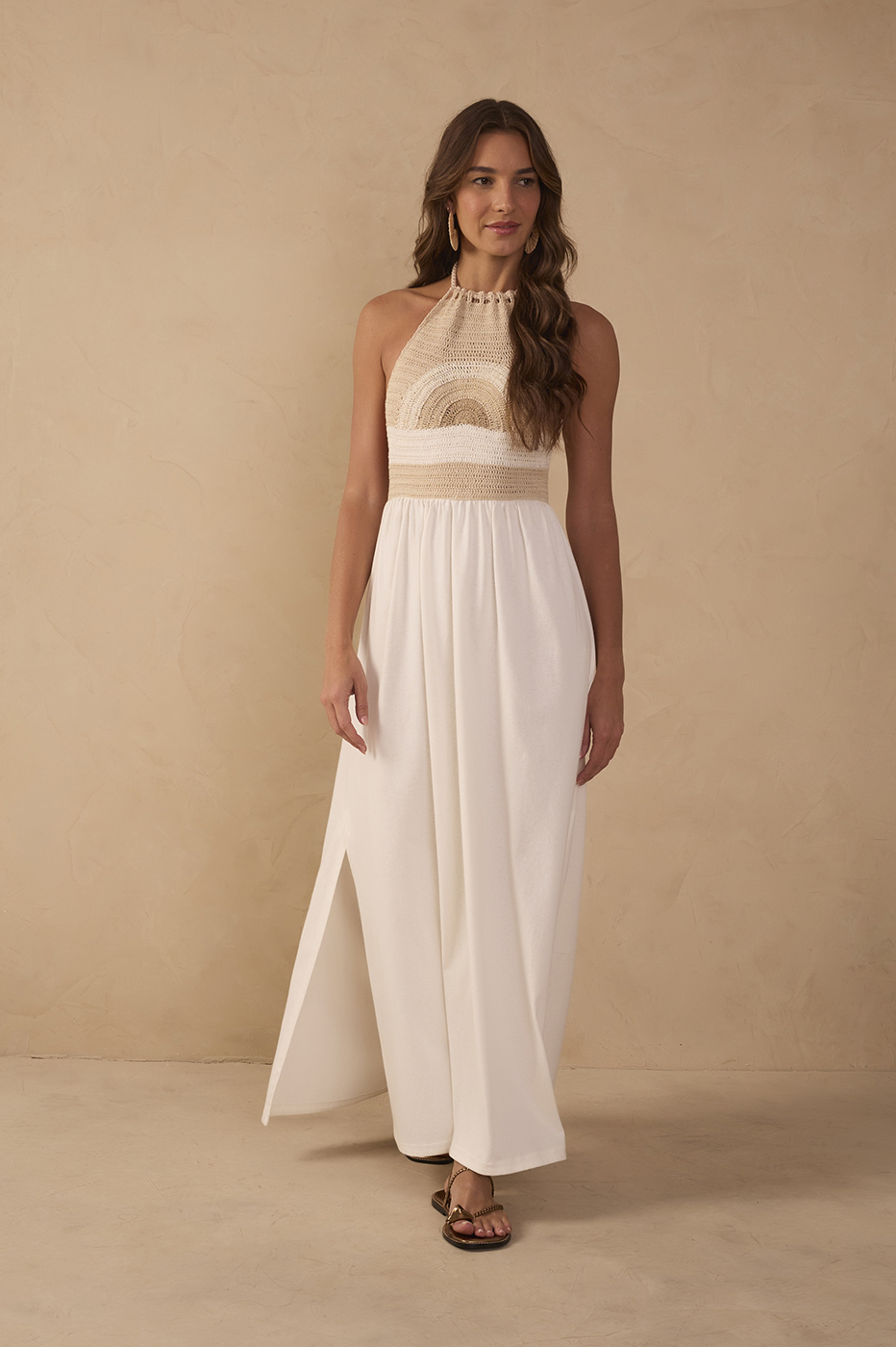 Off-White Crochet Side Slit Cotton Maxi Dress