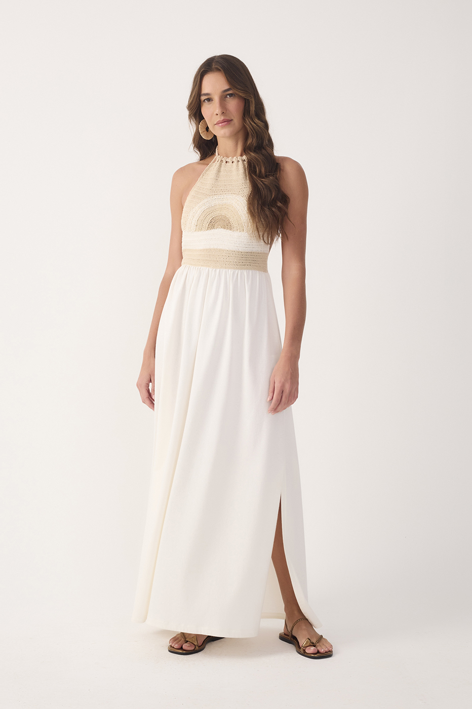 Off-White Crochet Side Slit Cotton Maxi Dress