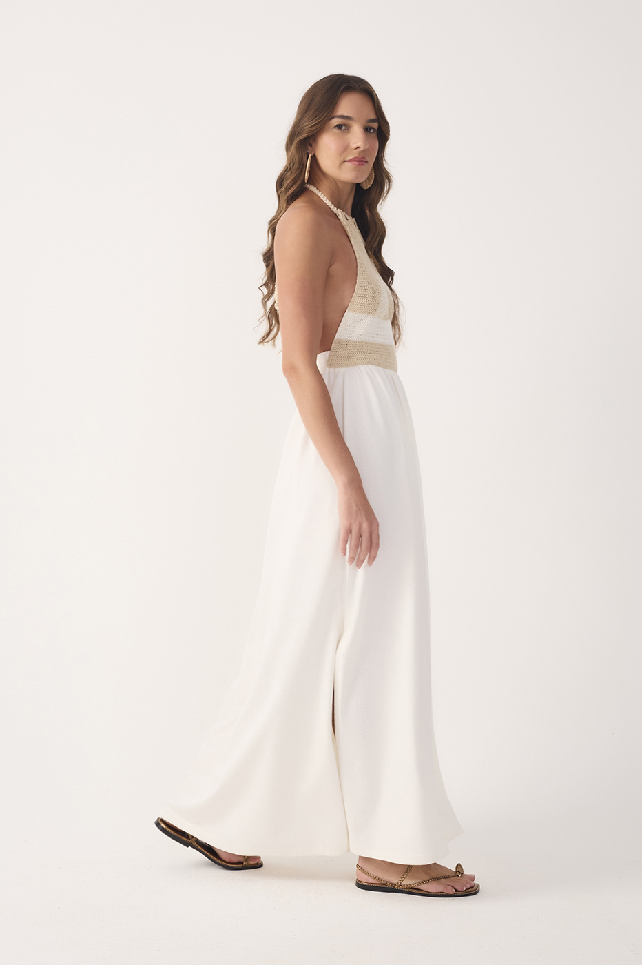Off-White Crochet Side Slit Cotton Maxi Dress