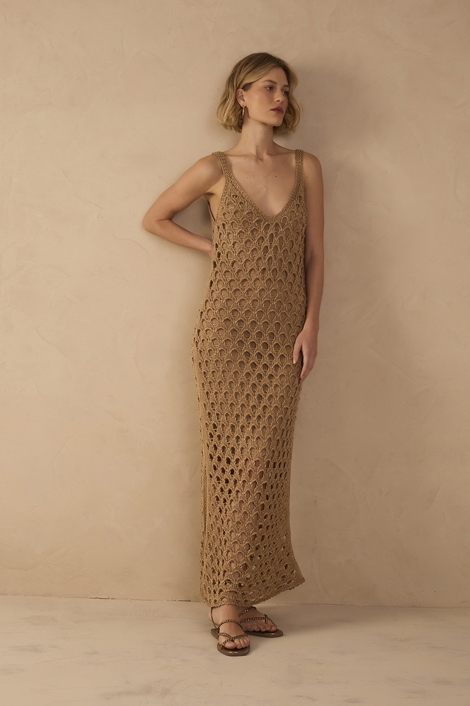 Golden V Neck Lurex Knit Maxi Dress