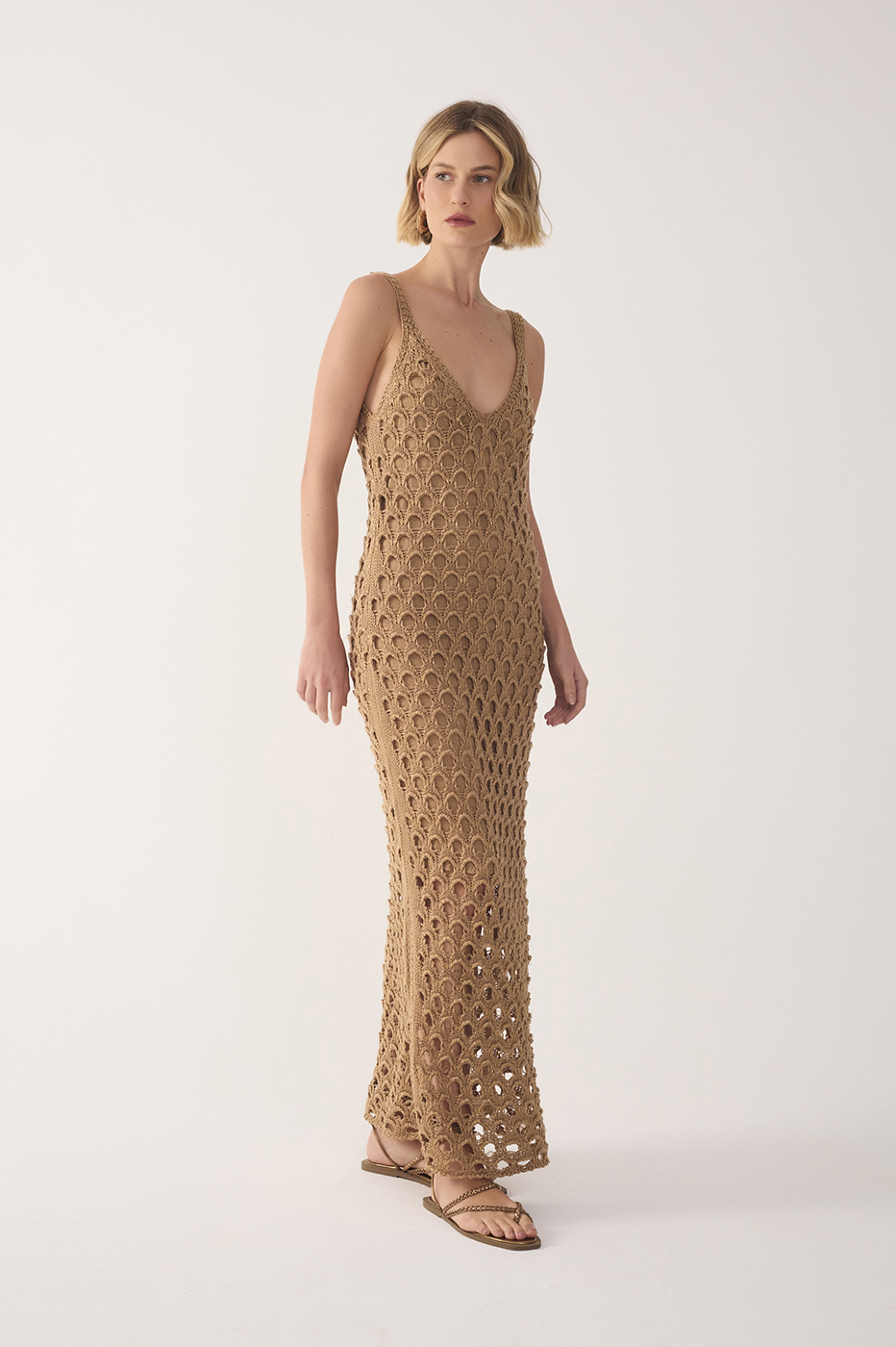 Golden V Neck Lurex Knit Maxi Dress
