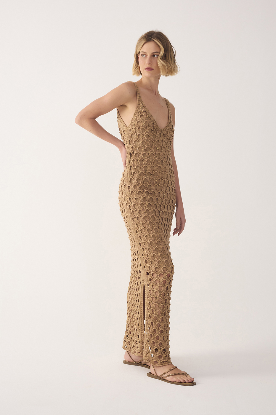 Golden V Neck Lurex Knit Maxi Dress
