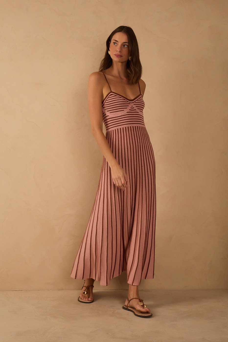 Pink Stripes Thin Straps Pleated Knit Midi Dress