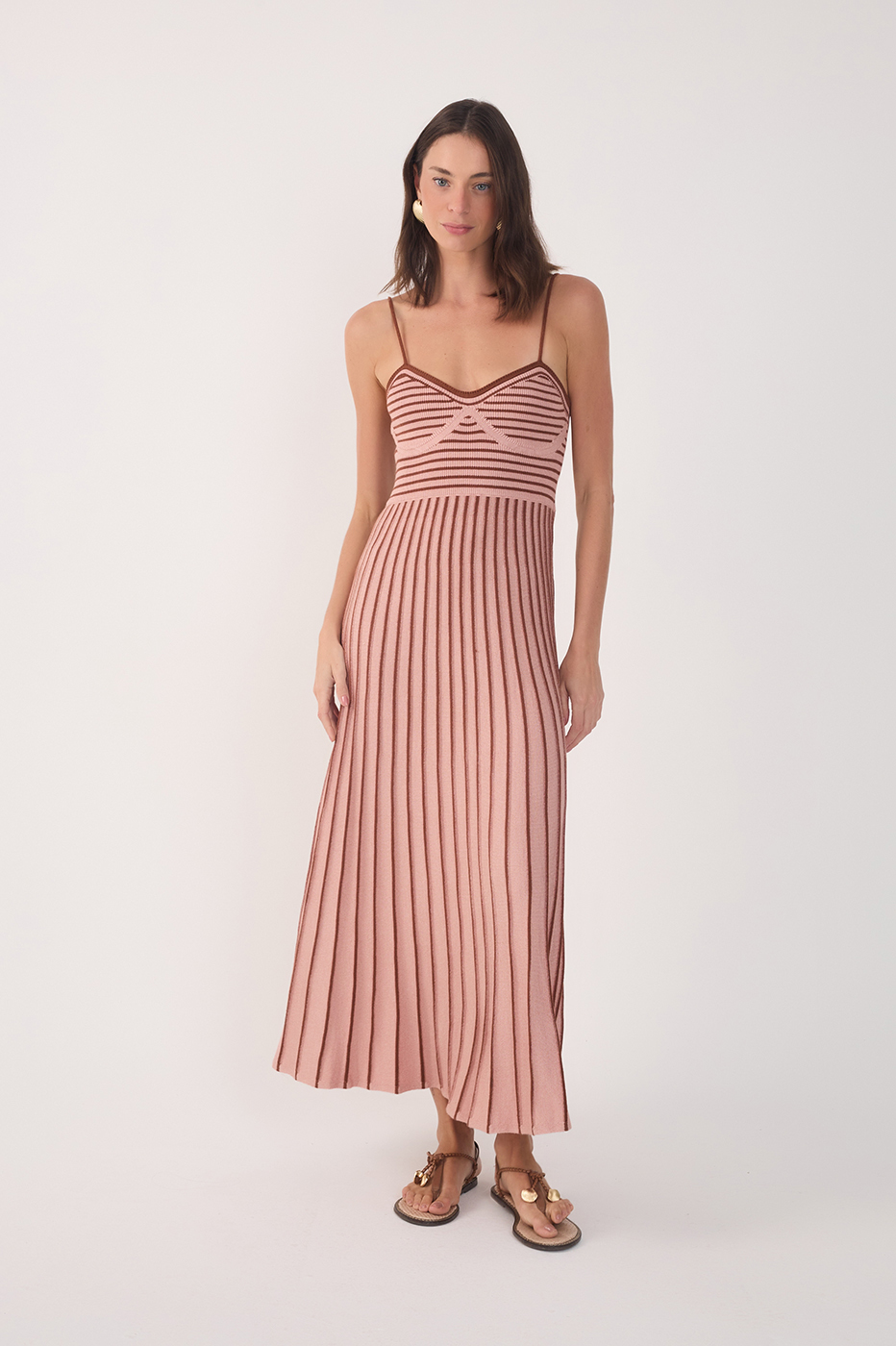 Pink Stripes Thin Straps Pleated Knit Midi Dress