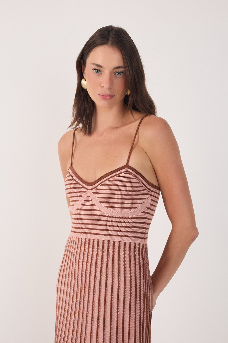 Pink Stripes Thin Straps Pleated Knit Midi Dress