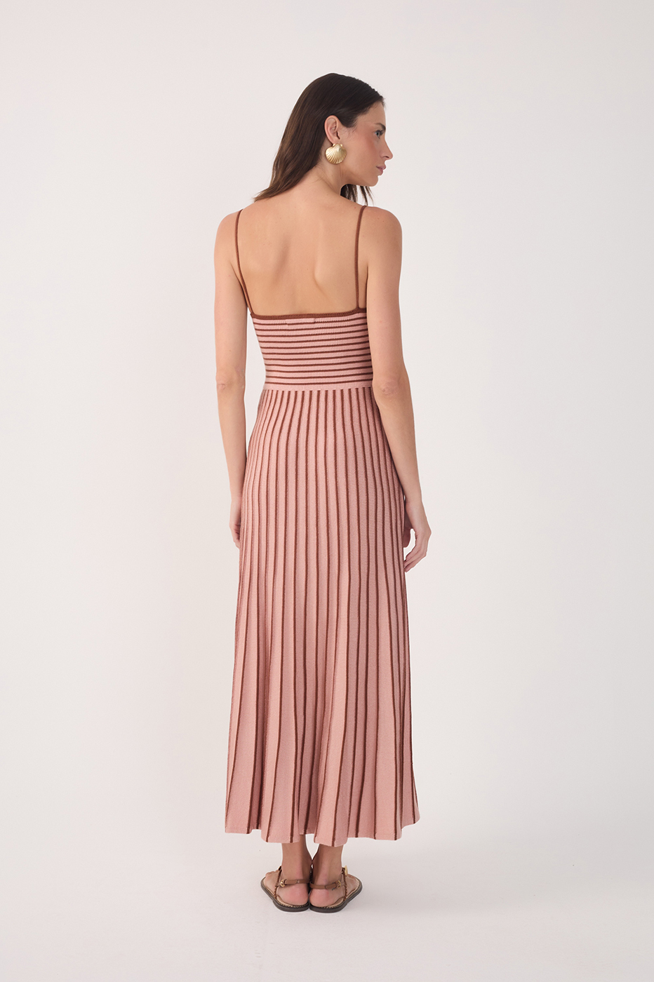 Pink Stripes Thin Straps Pleated Knit Midi Dress