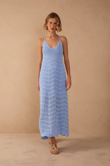 Blue V Neck Knit Midi Dress