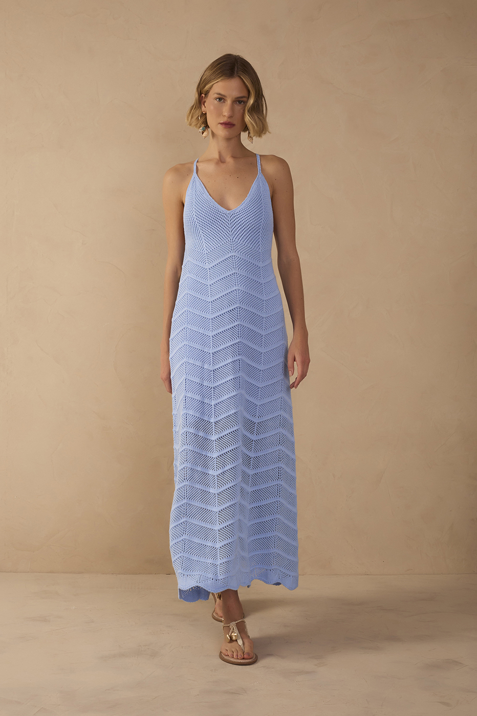 Blue V Neck Knit Midi Dress