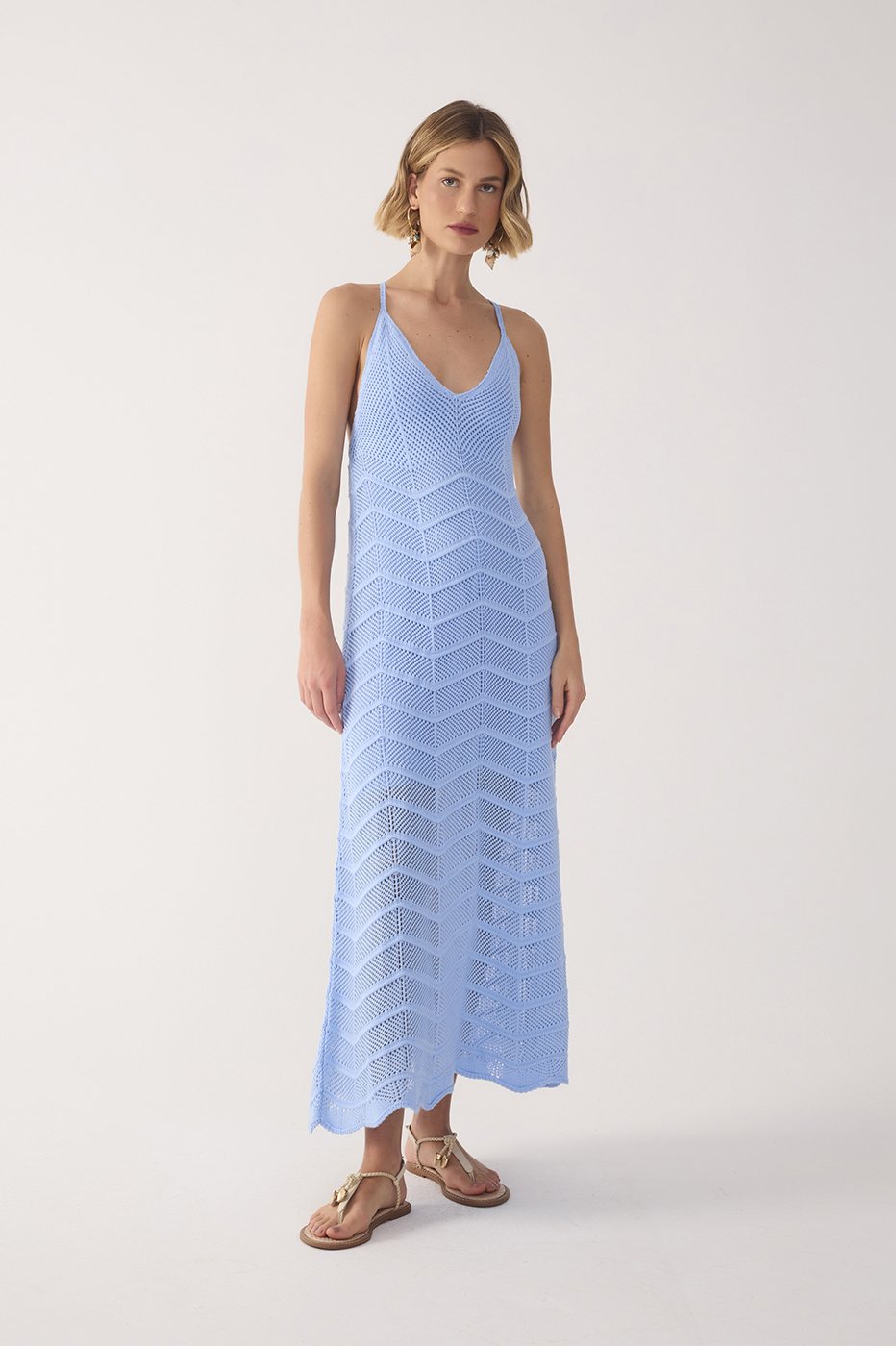 Blue V Neck Knit Midi Dress