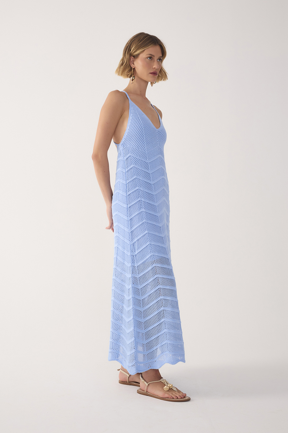 Blue V Neck Knit Midi Dress