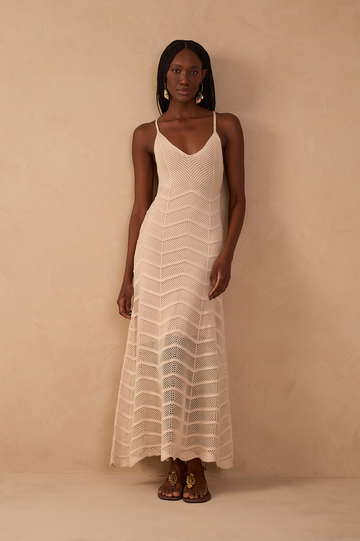 Beige V Neck Knit Midi Dress