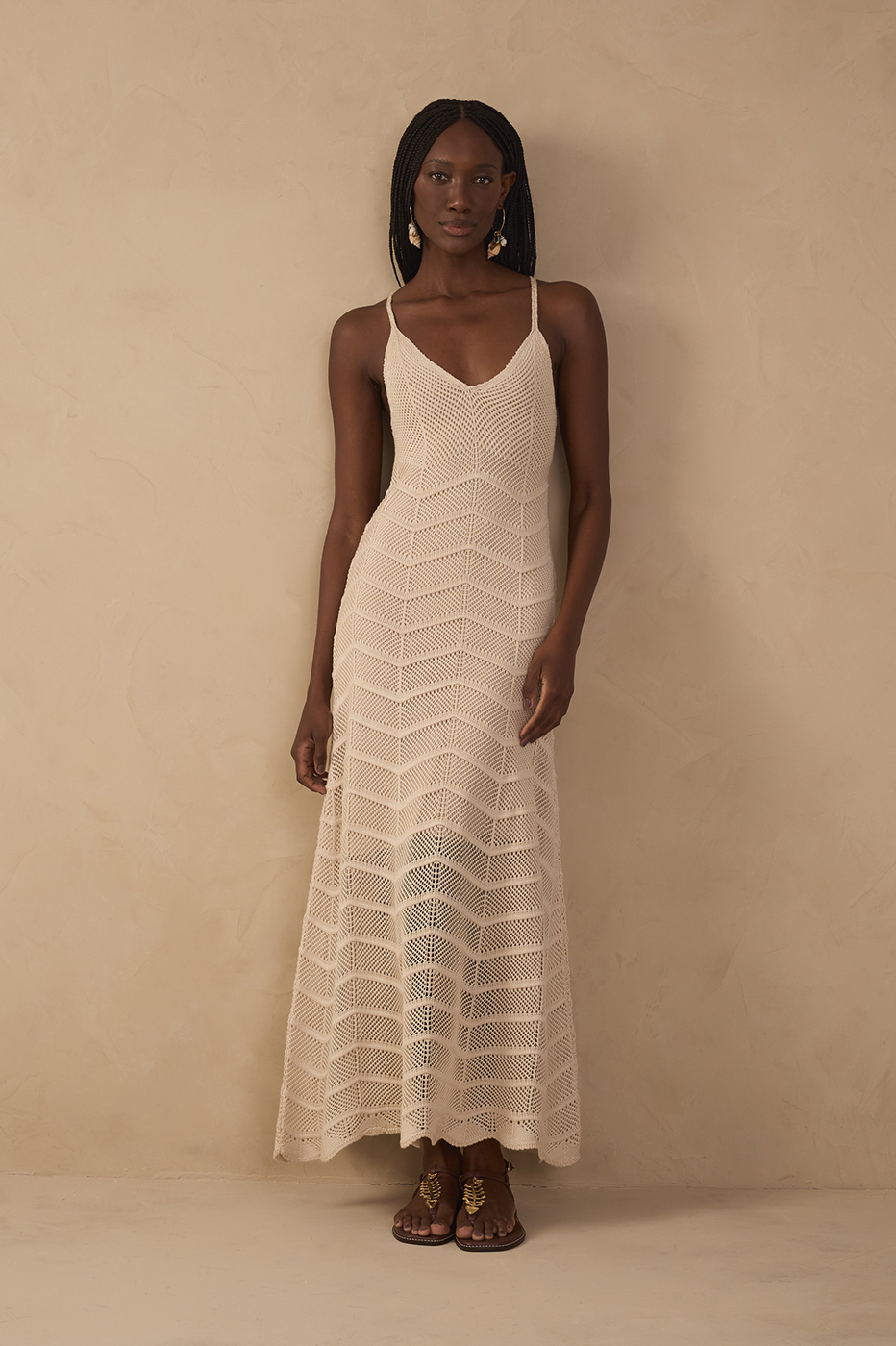 Beige V Neck Knit Midi Dress
