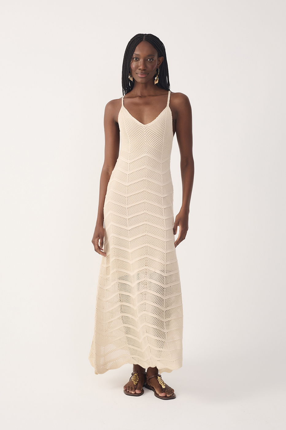 Beige V Neck Knit Midi Dress