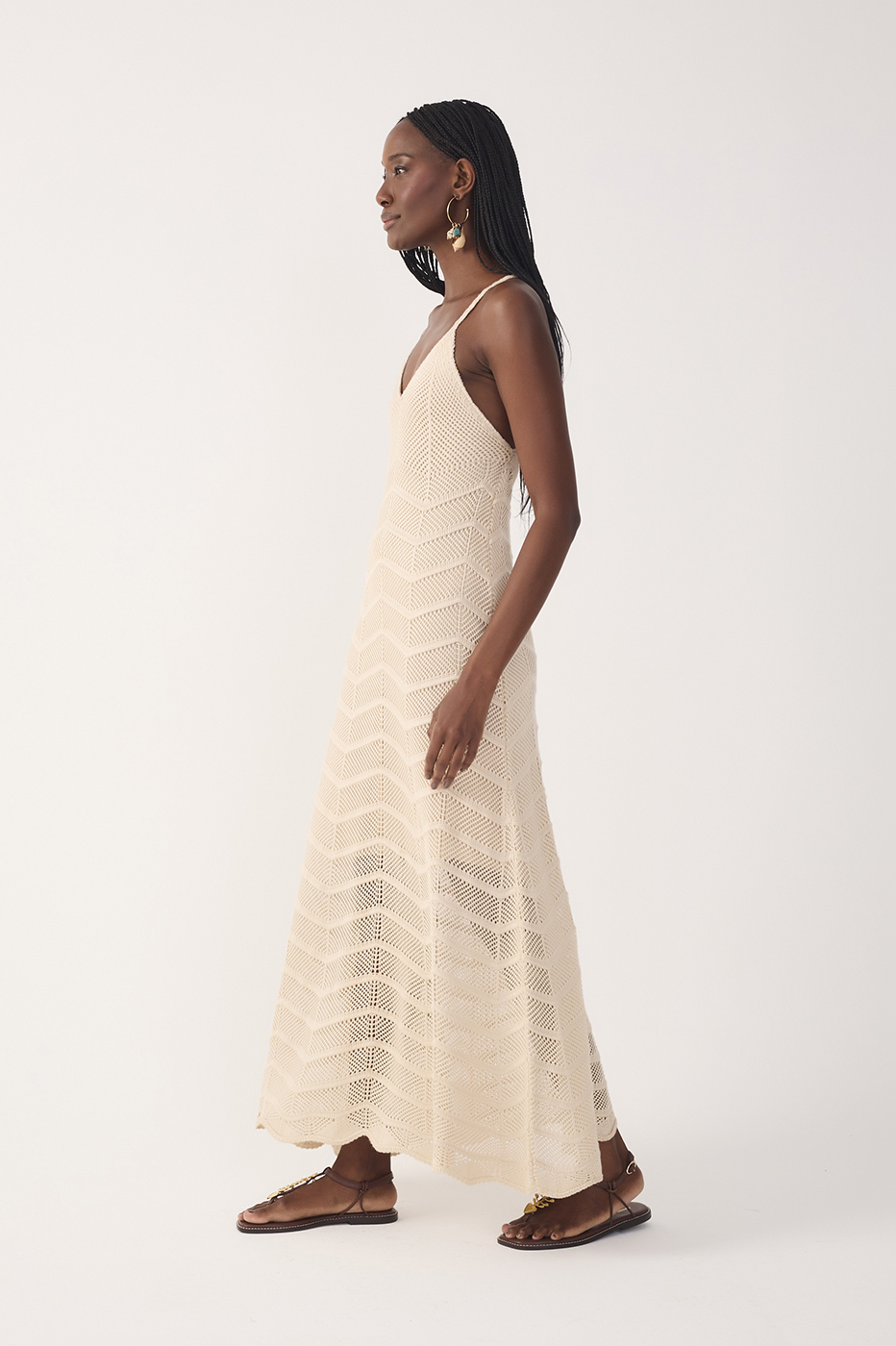 Beige V Neck Knit Midi Dress