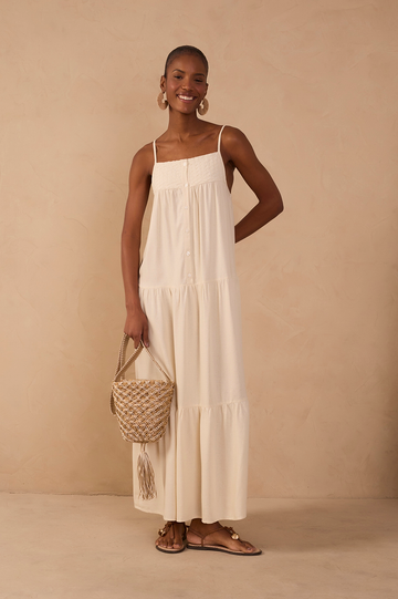 Off-White Tiered Embroidered Linen Maxi Dress