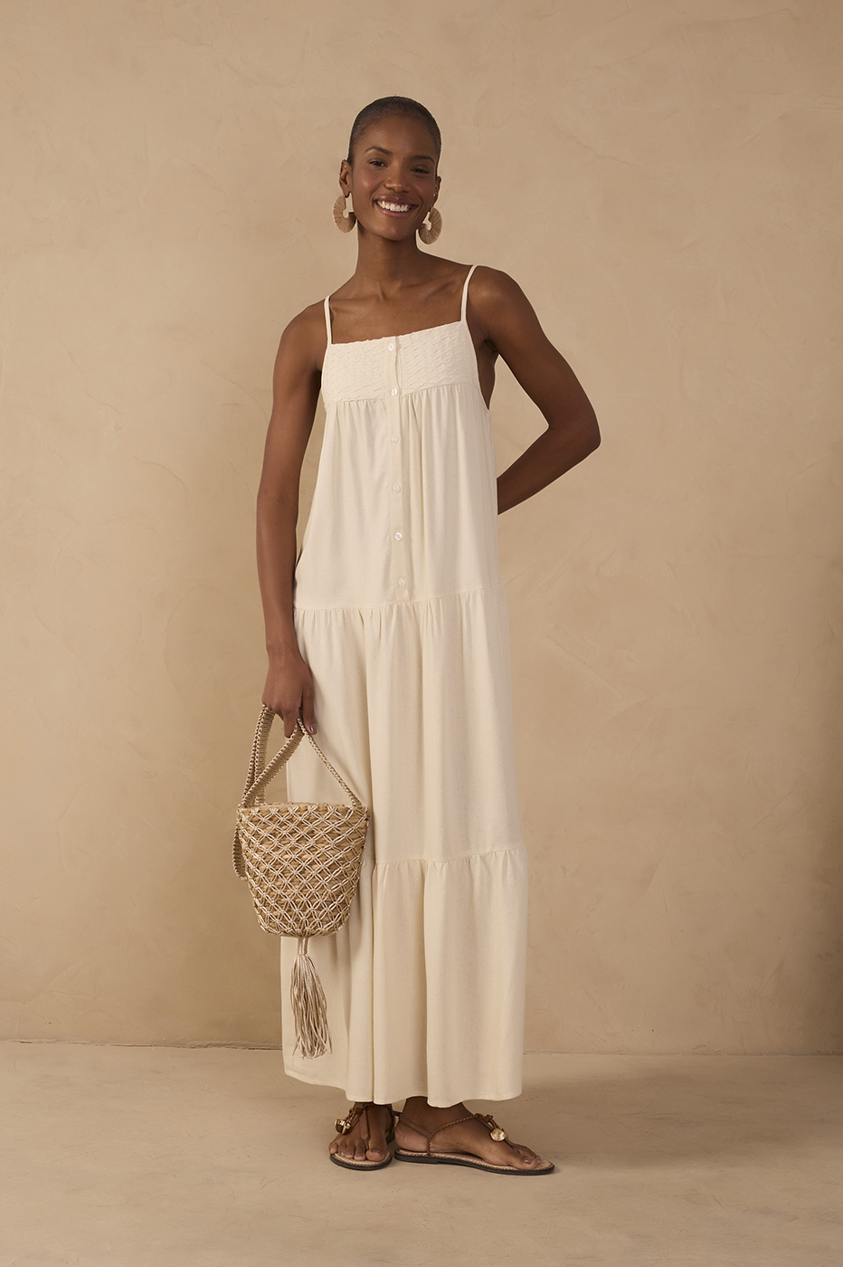 Off-White Tiered Embroidered Linen Maxi Dress