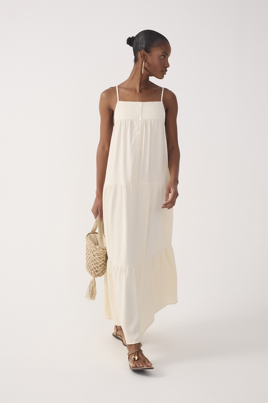 Off-White Tiered Embroidered Linen Maxi Dress