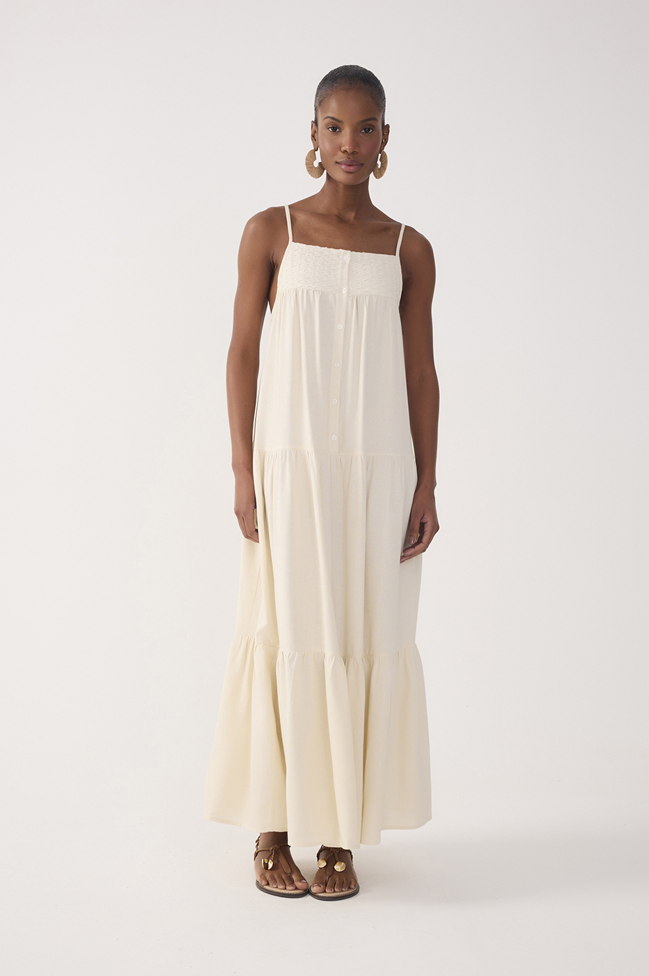 Off-White Tiered Embroidered Linen Maxi Dress