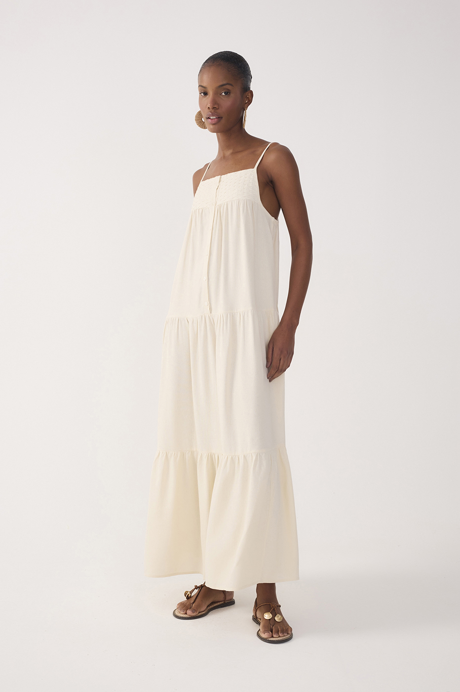 Off-White Tiered Embroidered Linen Maxi Dress