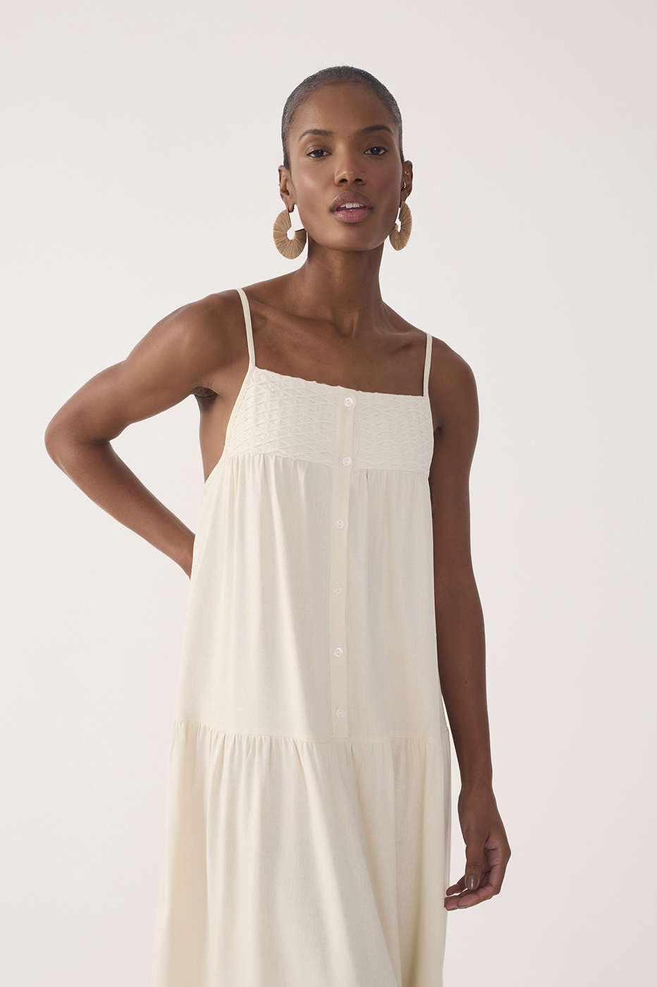 Off-White Tiered Embroidered Linen Maxi Dress