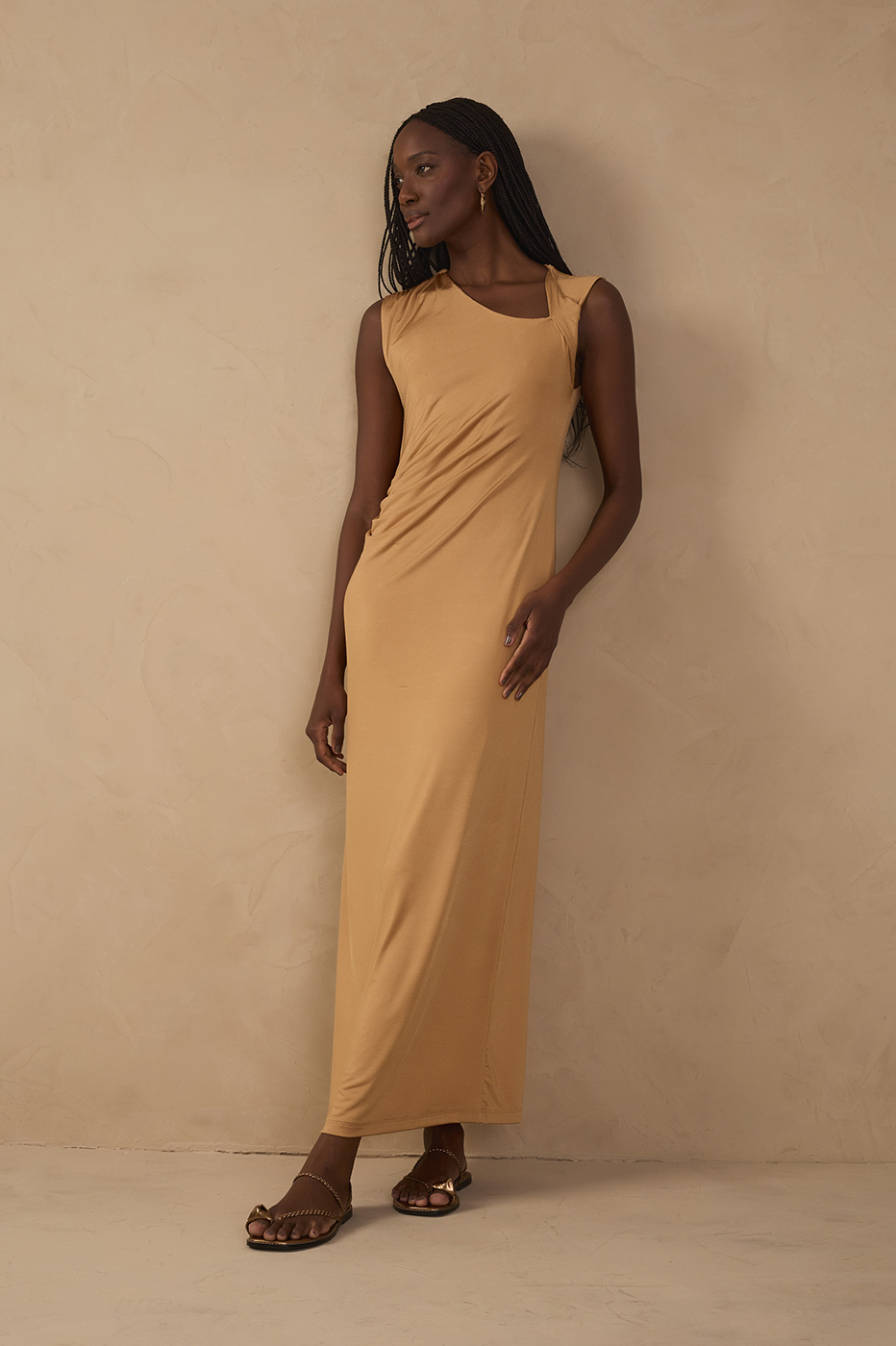 Beige Jersey Twisted Shoulder Dress